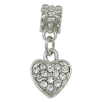 European Zinc Alloy Pendler, Heart, platin farve forgyldt, uden trold & med rhinestone, nikkel, bly & cadmium fri, 11x14x2.5mm, 25mm, Hole:Ca. 5mm, 100pc'er/Lot, Solgt af Lot