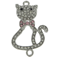 Tier Zinklegierung Schmuckverbinder, Katze, Platinfarbe platiniert, mit Strass & 1/1-Schleife, frei von Nickel, Blei & Kadmium, 28x43x6mm, Bohrung:ca. 2mm, 50PCs/Menge, verkauft von Menge