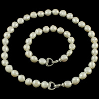 Freshwater Pearl Smycken Set, armband & halsband, mässing Foldover lås, naturlig, vit, 11-12mm, Längd Ca 7 inch, Ca 18.5 inch, Säljs av Ställ