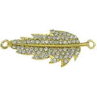 Leaf Zinc Alloy priključak, Cink Alloy, List, zlatna boja pozlaćen, s Rhinestone & 1/1 petlje, nikal, olovo i kadmij besplatno, 51x19x3mm, Rupa:Približno 3mm, 50računala/Lot, Prodano By Lot