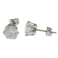 304 roestvrij staal Stud Earring, met zirkonia, oorspronkelijke kleur, nikkel, lood en cadmium vrij, 8mm, 50paren/Lot, Verkocht door Lot