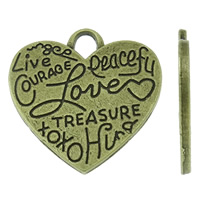 En alliage de zinc message Pendentifs, coeur, Plaqué de couleur de bronze antique, avec le motif de lettre, protéger l'environnement, sans nickel, plomb et cadmium, 23x22x1.50mm, Trou:Environ 3.5x4mm, Environ 280PC/kg, Vendu par kg