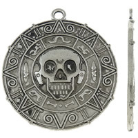 Alliage de zinc plate ronde pendentifs, Plat rond, Plaqué de couleur d'argent, avec le motif de la tête de mort, protéger l'environnement, sans nickel, plomb et cadmium, 38.50x43x3mm, Trou:Environ 2.5mm, Environ 90PC/kg, Vendu par kg