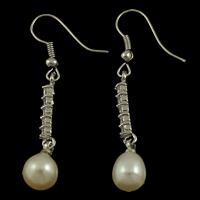 Freshwater Pearl Droppörhänge, mässing örhänge krok, platina pläterad, med strass, 8x45mm, Säljs av Par