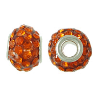 Strass Ton befestigte Perlen, Messing, mit Ton, Rondell, Platinfarbe platiniert, mit 48 Strasssteinen, rote Orange, frei von Nickel, Blei & Kadmium, 8x9x9mm, Bohrung:ca. 3mm, 100PCs/Menge, verkauft von Menge