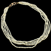 Slatkovodni Pearl Ogrlica, mesing kopča, Riža, porasla zlatna boja pozlatom, 5-cjedilu & s Rhinestone, bijel, 3-3.5mm, Prodano Per Približno 16.5 inčni Strand