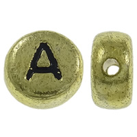 Alphabet Acryl Perlen, flache Runde, antike Goldfarbe plattiert, mit Brief Muster, 7x3.5mm, Bohrung:ca. 1mm, ca. 3600PCs/Tasche, verkauft von Tasche