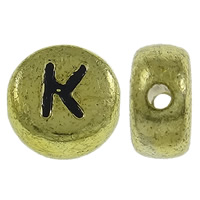 Alphabet Acryl Kralen, Rond plat, antiek goud plated, met brief patroon, 7x3.5mm, Gat:Ca 1mm, Ca 3600pC's/Bag, Verkocht door Bag