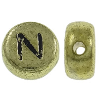 Alphabet Acryl Kralen, Rond plat, antiek goud plated, met brief patroon, 7x3.5mm, Gat:Ca 1mm, Ca 3600pC's/Bag, Verkocht door Bag