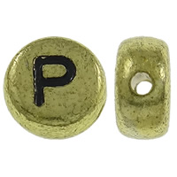 Alphabet Acryl Kralen, Rond plat, antiek goud plated, met brief patroon, 7x3.5mm, Gat:Ca 1mm, Ca 3600pC's/Bag, Verkocht door Bag