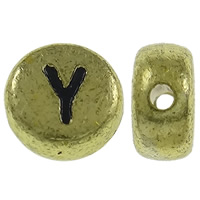 Alphabet Acryl Kralen, Rond plat, antiek goud plated, met brief patroon, 7x3.5mm, Gat:Ca 1mm, Ca 3600pC's/Bag, Verkocht door Bag