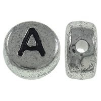 Abeceda Akrylové korálky, Akryl, Flat Round, starožitné barva postříbřená, s písmenem vzorem, 7x3.5mm, Otvor:Cca 1mm, Cca 3600PC/Bag, Prodáno By Bag