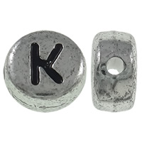 Alphabet Akril gyöngyök, Lapos kerek, antik ezüst színű bevonattal, A levél minta, 7x3.5mm, Lyuk:Kb 1mm, Kb 3600PC-k/Bag, Által értékesített Bag