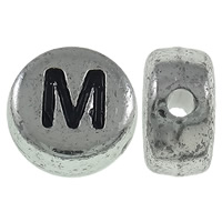 Alphabet Acryl Perlen, flache Runde, antik silberfarben plattiert, mit Brief Muster, 7x3.5mm, Bohrung:ca. 1mm, ca. 3600PCs/Tasche, verkauft von Tasche