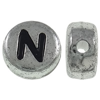 Perles acrylique alphabet, Plat rond, Plaqué de couleur d'argent, avec le motif de lettre, 7x3.5mm, Trou:Environ 1mm, Environ 3600PC/sac, Vendu par sac