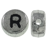 Alphabet Acryl Kralen, Rond plat, antiek zilver plated, met brief patroon, 7x3.5mm, Gat:Ca 1mm, Ca 3600pC's/Bag, Verkocht door Bag