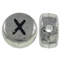 Alphabet Akril gyöngyök, Lapos kerek, antik ezüst színű bevonattal, A levél minta, 7x3.5mm, Lyuk:Kb 1mm, Kb 3600PC-k/Bag, Által értékesített Bag