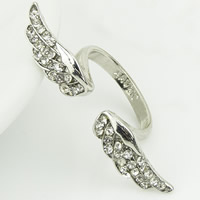 Cink Alloy Finger Ring, Wing Shape, srebrne boje pozlaćen, s Rhinestone, nikal, olovo i kadmij besplatno, 42x6mm, Veličina:6.5, 10računala/Lot, Prodano By Lot