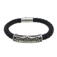 Cuero de vaca Pulsera, acero inoxidable cierre magnético, ennegrezca, Negro, 42x12x10mm, 8.5mm, 21x10mm, longitud aproximado 8 Inch, 5Strandsfilamento/Grupo, Vendido por Grupo