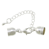 Mässing Lobster Claw Cord Lås, silver pläterad, med ändlock, nickel, bly och kadmium gratis, 38mm, 10x7mm, Innerdiameter:Ca 6mm, 200PC/Lot, Säljs av Lot