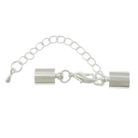 Mässing Lobster Claw Cord Lås, silver pläterad, med ändlock, 12x8mm, 38mm, Innerdiameter:Ca 7.5mm, 200PC/Lot, Säljs av Lot