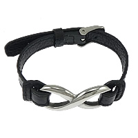 Cuero de vaca Pulsera, acero inoxidable hebilla, Infinito, Negro, 38x17mm, 10mm, longitud aproximado 9 Inch, 10Strandsfilamento/Grupo, Vendido por Grupo