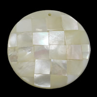 Pendants White Shell Nádúrtha, Bán Shell, Babhta Maol, mósáic, 34.50x34.50x6.50mm, Poll:Thart 1.5mm, 10ríomhairí pearsanta/Lot, Díolta De réir Lot