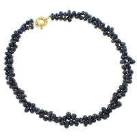 Colar de Pérolas de Água Doce Natural, Pérolas de água doce, Bronze fecho do anel de Primavera, Batata, naturais, 2 fios, preto, 6-9mm, vendido para Aprox 16.5 inchaltura Strand