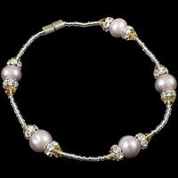 Fionnuisce saothraithe Pearl Bracelet, Pearl Fionnuisce, le spacer práis rhinestone & Crystal & Coirníní Gloine Síl, práis clasp maighnéadach, nádúrtha, 8-9mm, Díolta Per Thart 7 Inse Snáithe