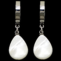 Huggie hoepel Drop Earrings, Sea Shell, roestvrij staal oorbel hendel weer clip, Traan, wit, 34mm, 10x17mm, Verkocht door pair