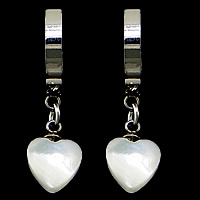 Huggie hoepel Drop Earrings, Sea Shell, roestvrij staal oorbel hendel weer clip, Hart, wit, 27mm, 8x11mm, Verkocht door pair