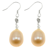 Freshwater Pearl Drop Earring brass earring hook Rice natural with rhinestone pink 11-12mm 40mm Sold By Pair