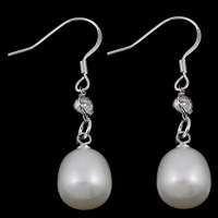 Freshwater Pearl Droppörhänge, mässing örhänge krok, Ris, naturlig, med strass, vit, 8-9mm, 38mm, Säljs av Par