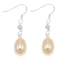 Pearl Fionnuisce Buail Earring, práis Hook earring, Rís, nádúrtha, le rhinestone, bándearg, 8-9mm, 38mm, Díolta De réir Péire