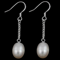 Freshwater Pearl Droppörhänge, mässing örhänge krok, Ris, naturlig, vit, 8-9mm, 45mm, Säljs av Par