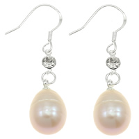 Pearl Fionnuisce Buail Earring, práis Hook earring, Rís, nádúrtha, le rhinestone, bándearg, 10-11mm, 39mm, Díolta De réir Péire