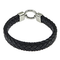 Pulseira masculina, corda de Couro de vaca, Aço inoxidável Fecho, preto, 12mm, 20mm, comprimento Aprox 8 inchaltura, 5vertentespraia/Lot, vendido por Lot