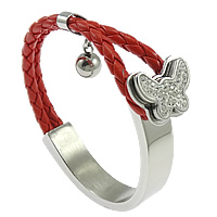 Bracelets cordon PU, acier inoxydable, avec Clay Pave & cuir PU, papillon, bracelet à breloques & avec 37 pcs strass, rouge, 10mm, 8x12mm, 15x18mm, Longueur Environ 7 pouce, 5Strandstoron/lot, Vendu par lot