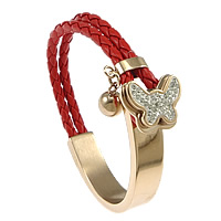 Bracelets cordon PU, acier inoxydable, avec Clay Pave & cuir PU, papillon, Plaqué de couleur d'or rose, bracelet à breloques & avec 37 pcs strass, rouge, 10mm, 8x12mm, 15x18mm, Longueur Environ 7 pouce, 5Strandstoron/lot, Vendu par lot