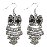 Zink Alloy Droppörhänge, rostfritt stål örhänge krok, Owl, antik silver pläterad, med strass, nickel, bly och kadmium gratis, 64mm, 23x46x4.5mm, 50Pairs/Lot, Säljs av Lot