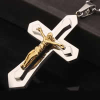 Pendentifs en acier inoxydable de la Croix-, acier inoxydable 316L, Crucifix, Placage, deux tons, 36x65mm, Trou:Environ 4x7mm, 2PC/lot, Vendu par lot