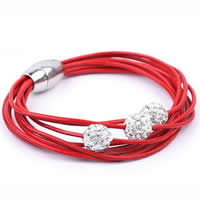 corda de Couro de vaca pulseira, with Grânulo de argila Pave de strass, Aço inoxidável 316L fecho magnético, 8-fios, vermelho, 9mm, comprimento Aprox 8 inchaltura, 20vertentespraia/Lot, vendido por Lot