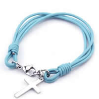 Cowhide Bracelet, Déanta as cruach dhosmálta 316L clasp gliomach, Cross, 4-snáithe, Skyblue, 17x29mm, Fad Thart 8 Inse, 5Snáitheanna/Lot, Díolta De réir Lot