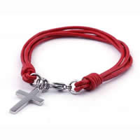 Cowhide Bracelet, Déanta as cruach dhosmálta 316L clasp gliomach, Cross, 4-snáithe, dearg, 17x29mm, Fad Thart 8 Inse, 5Snáitheanna/Lot, Díolta De réir Lot