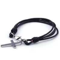 Cuero de vaca Pulsera, Acero inoxidable 316L cierre de langosta, Cruces, 4-aro, Negro, 17x29mm, longitud aproximado 8 Inch, 5Strandsfilamento/Grupo, Vendido por Grupo