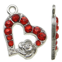 Pendentifs coeur en alliage de zinc, Placage de couleur platine, avec strass, rouge, protéger l'environnement, sans nickel, plomb et cadmium, 14x12x2mm, Trou:Environ 1.5mm, 100PC/sac, Vendu par sac