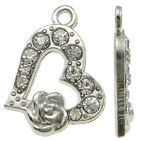 Pendentifs coeur en alliage de zinc, Placage de couleur platine, avec strass, blanc, protéger l'environnement, sans nickel, plomb et cadmium, 14x12x2mm, Trou:Environ 1.5mm, 100PC/sac, Vendu par sac