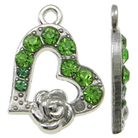 Colgantes de Aleación de Zinc en Forma de Corazón, chapado en color de platina, con diamantes de imitación, verde, libre de níquel, plomo & cadmio, 14x12x2mm, agujero:aproximado 1.5mm, 50PCs/Bolsa, Vendido por Bolsa