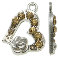 Pendentifs coeur en alliage de zinc, Placage de couleur platine, avec strass, Jaune, protéger l'environnement, sans nickel, plomb et cadmium, 14x12x2mm, Trou:Environ 1.5mm, 50PC/sac, Vendu par sac