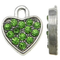 Pendentifs coeur en alliage de zinc, Placage de couleur platine, avec strass, vert, protéger l'environnement, sans nickel, plomb et cadmium, 11.50x14x2.50mm, Trou:Environ 1.5x2mm, 50PC/sac, Vendu par sac